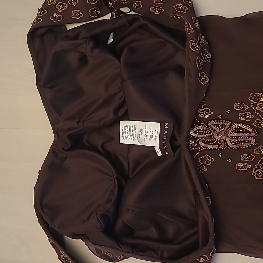 EUC VTG Marina 100% Silk Beaded and Sequined Chocolate Bown Lined Dress - Picture 14 of 17